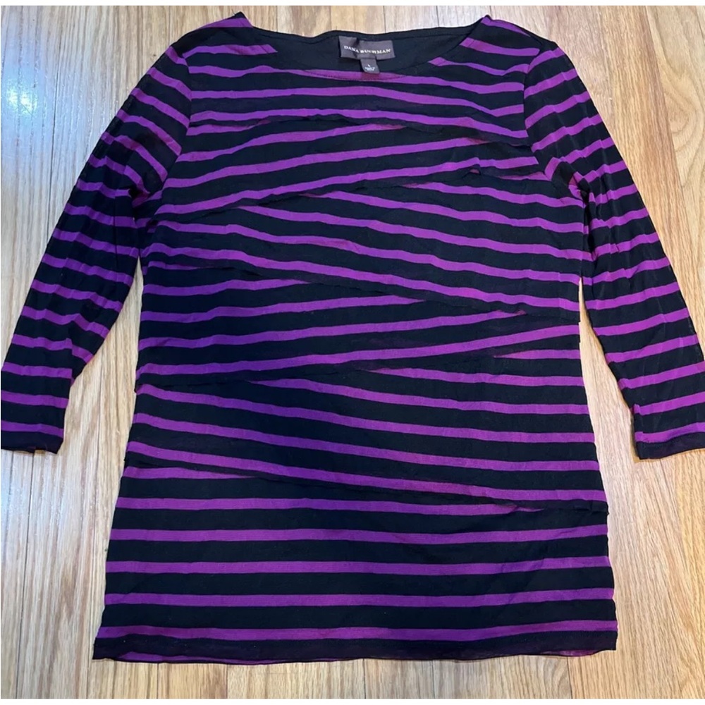 Dana Buchman Women's Blouse Size L Purple and Black Stripe Stretch 3/4 Sleeves